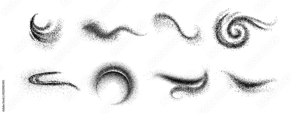 Grainy effect shapes and splashes of dust, powder or sand. Vector isolated realistic traces on surface, dots particles and grungy stardust item for art, home decor and design of typography