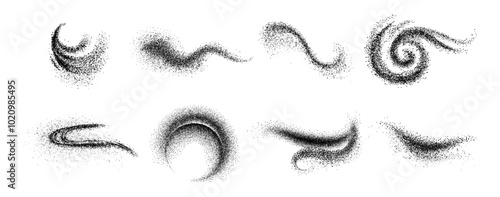 Grainy effect shapes and splashes of dust, powder or sand. Vector isolated realistic traces on surface, dots particles and grungy stardust item for art, home decor and design of typography