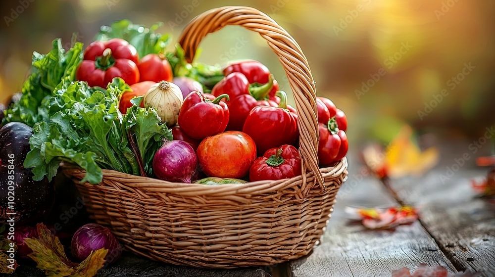 A rustic basket brimming with a rich selection of autumnal vegetables such as peppers and radishes, surrounded by vibrant autumn leaves on a wooden table. A rustic basket brimming with a rich selection of autumnal vegetables such as peppers and radishes, surrounded by vibrant autumn leaves on a wooden table.
