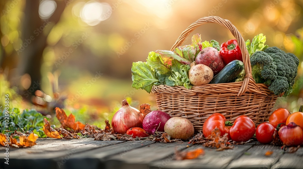 A wicker basket filled with fresh vegetables sits on a rustic wooden table surrounded by fallen autumn leaves, basking in the warm glow of afternoon sunlight. A wicker basket filled with fresh vegetables sits on a rustic wooden table surrounded by fallen autumn leaves, basking in the warm glow of afternoon sunlight.