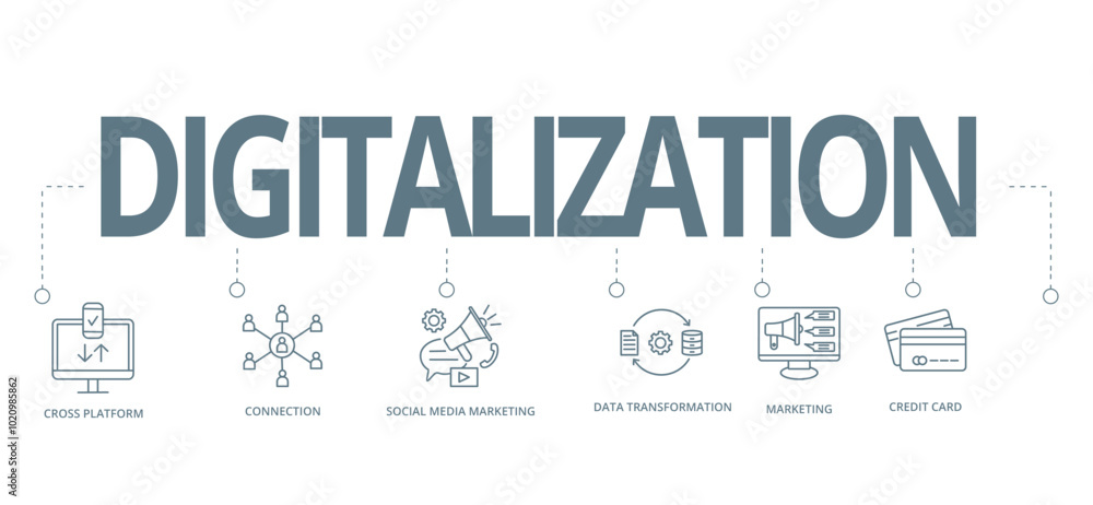 Banner DIGITALIZATION concept , Cross platform, Connection, Social media marketing, Data transformation and Marketing with keywords and icons Banner DIGITALIZATION concept , Cross platform, Connection, Social media marketing, Data transformation and Marketing with keywords and icons