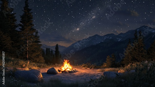 Summertime wilderness exploration. A cozy and bright campfire at sunset lets you enjoy the outdoors, pleasant times, and a starry night sky. composite photograph.