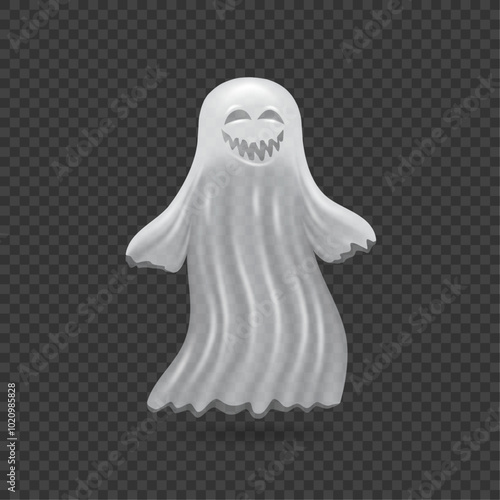 Ghost character for Halloween holiday celebration. Vector spooky frightening apparition with big teeth. Spirit or poltergeist from haunted house isolated on transparent background