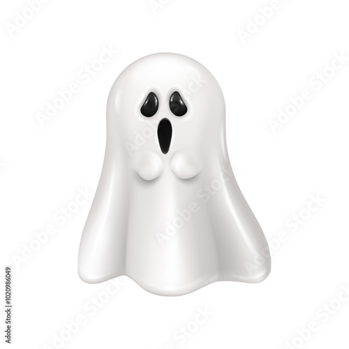 Halloween ghost with spooky screaming facial expression. Vector apparition from haunted house, shrieking and frightening creature. 3D isolated supernatural character or monster