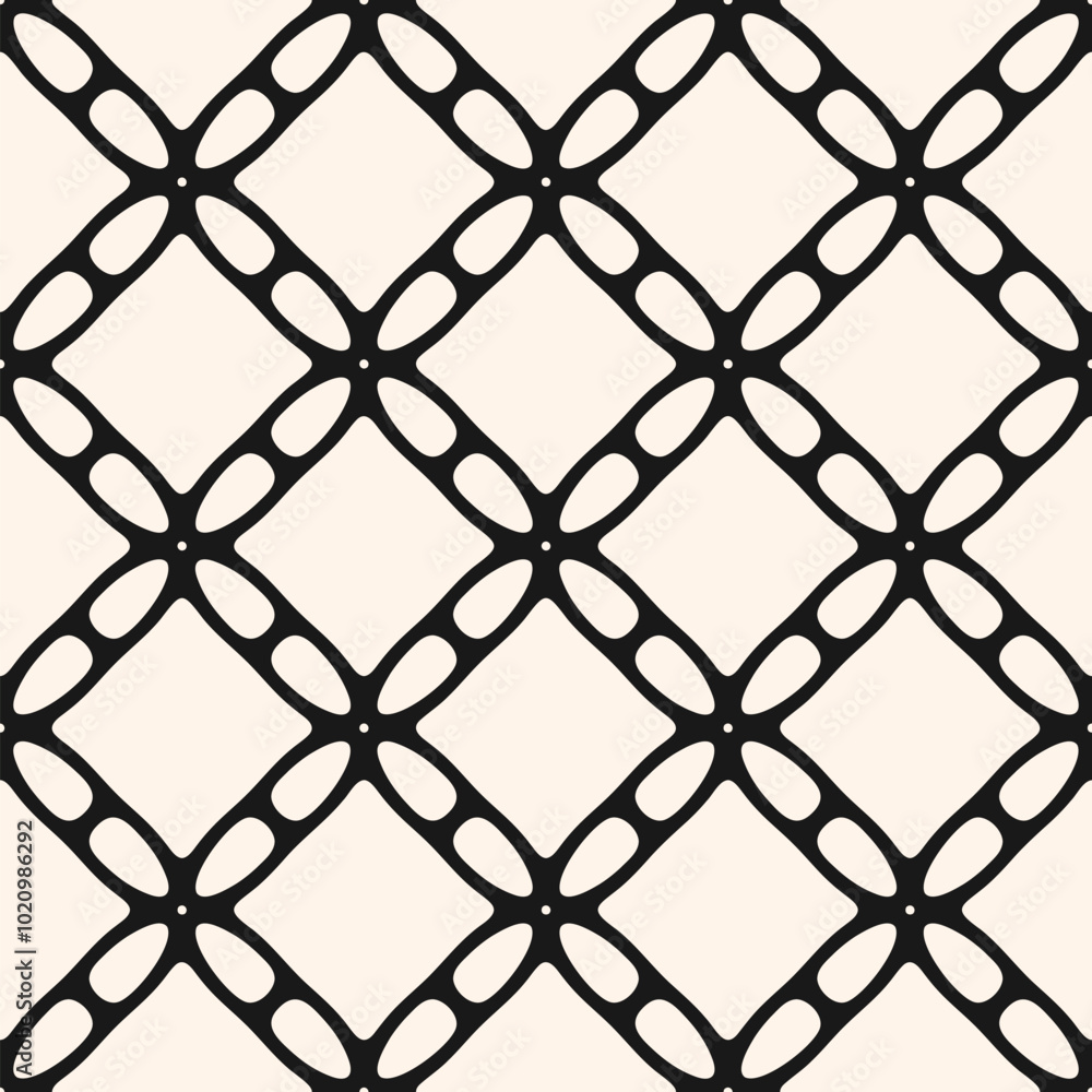 Naklejka premium Vector seamless pattern with geometric grid, net, lattice, mesh, perforated structure. Stylish black and white texture with smooth shapes, floral silhouettes, diamonds. Monochrome repeated design
