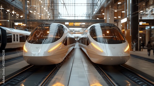 Solarpowered highspeed trains, sleek modern design, 3D illustration photo