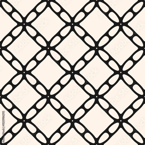 Vector seamless pattern with geometric grid, net, lattice, mesh, perforated structure. Stylish black and white texture with smooth shapes, floral silhouettes, diamonds. Monochrome repeated design