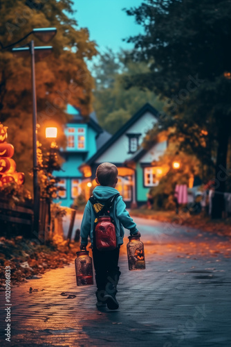 A child in the city on Halloween with a lantern in the form of a pumpkin