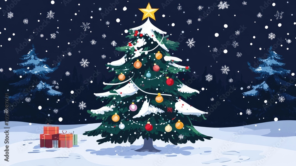 Obraz premium Christmas tree ornaments flat design front view winter wonderland theme cartoon drawing vivid