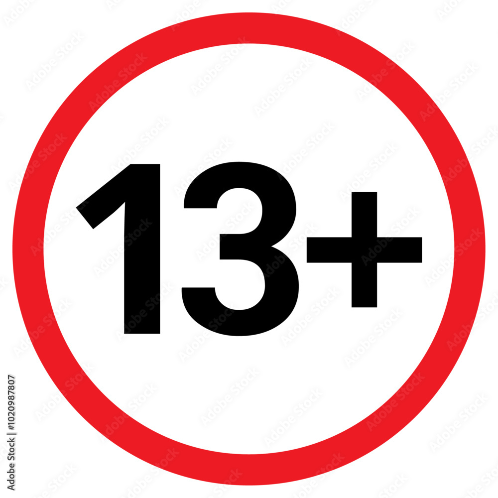 13 Plus Age Restriction Icon. Thirteen Plus Content Warning Vector Symbol. 13+ Age Limit Round Sign. 13 Plus Age Restriction Icon. Thirteen Plus Content Warning Vector Symbol. 13+ Age Limit Round Sign.