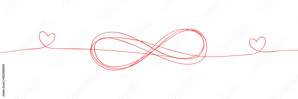 Continuous one line drawing of Infinity with hearts. Hand drawn forever love concept. Vector illustration. Continuous one line drawing of Infinity with hearts. Hand drawn forever love concept. Vector illustration.