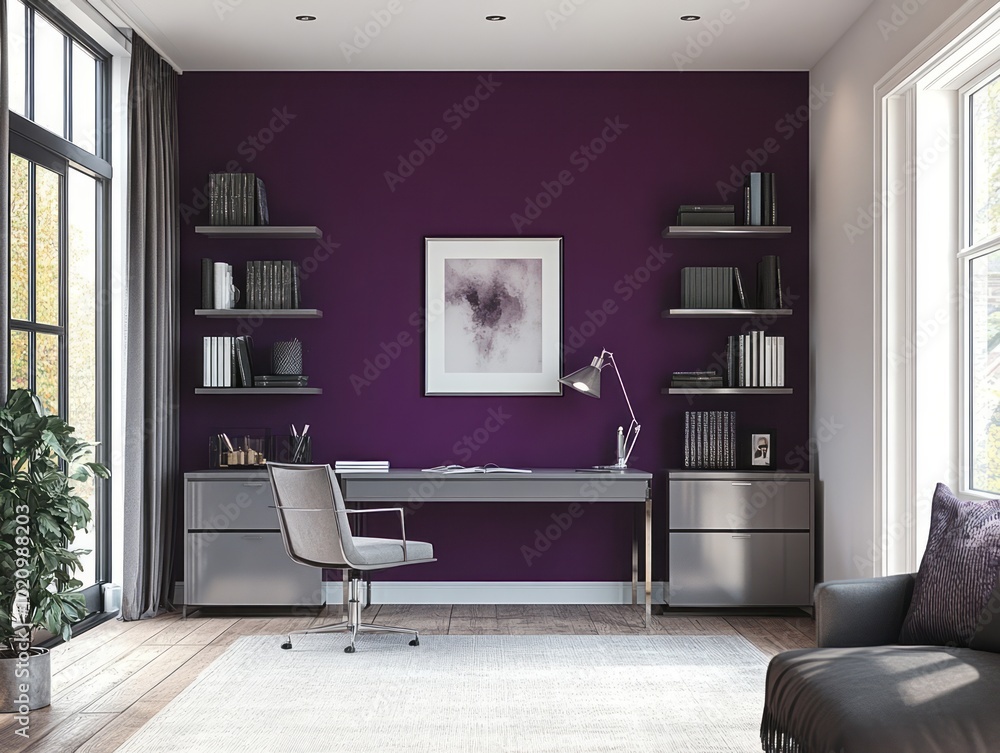 Study room with a deep purple feature wall, complemented by sleek gray furniture like a minimalist desk and shelving unit Study room with a deep purple feature wall, complemented by sleek gray furniture like a minimalist desk and shelving unit