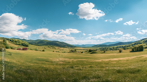 Panorama of Beautiful Countryside of Romania: A scenic panorama of Romania�s countryside, showcasing rolling hills, grassy fields, and a sunny afternoon springtime landscape.