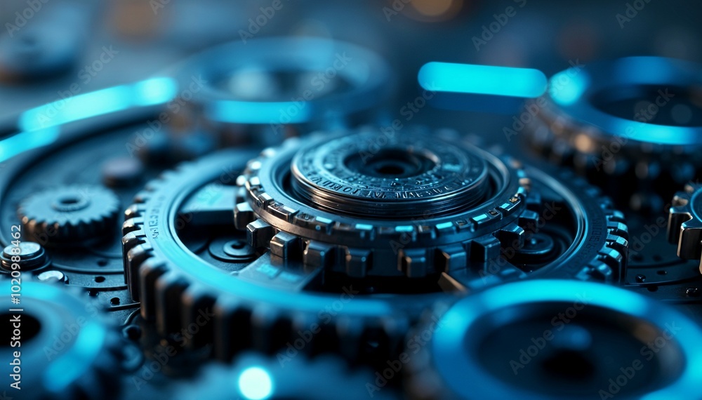 Futuristic Gear Mechanism with Metallic Blue and Silver Tones Futuristic Gear Mechanism with Metallic Blue and Silver Tones