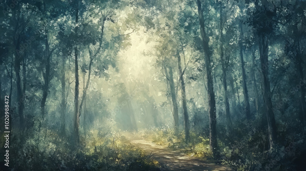 Naklejka premium A misty forest path through tall trees.