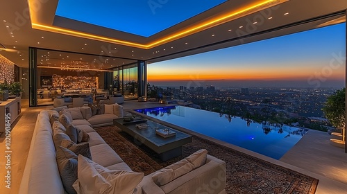 Spacious minimalist living room with sleek design, neutral color palette, and large glass windows