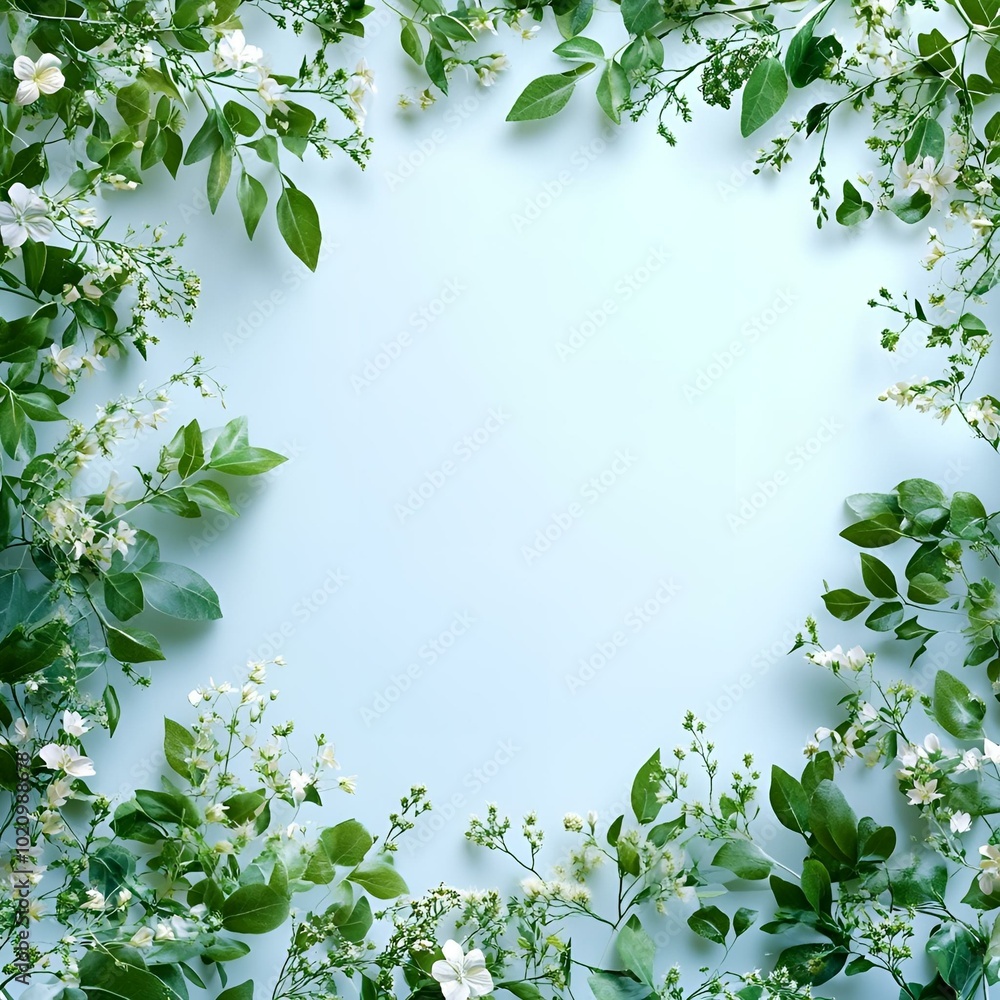 Fresh green and white floral frame with delicate blossoms, spring nature-inspired design with copy space.