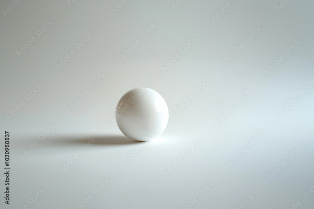 A polished white sphere is centered on a sleek, plain surface. A polished white sphere is centered on a sleek, plain surface.