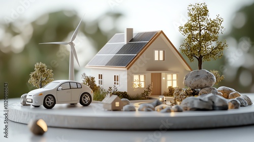 Zeroenergy neighborhood, homes powered by solar and wind, 3D illustration photo