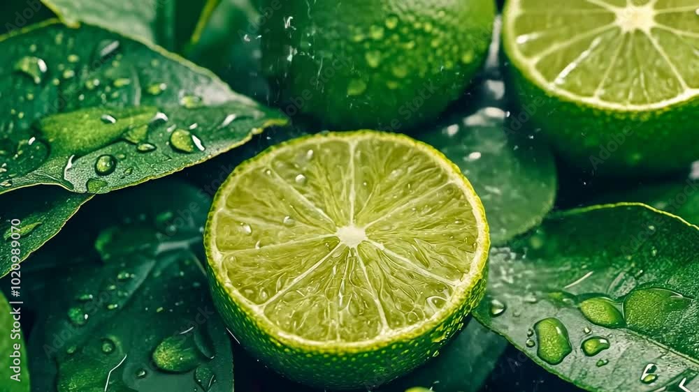 Close-up view of freshly cut limes surrounded by their verdant leaves, adorned with dew drops. The scene shows an emphasis on natural freshness and vitality, perfect for a culinary or health theme. Close-up view of freshly cut limes surrounded by their verdant leaves, adorned with dew drops. The scene shows an emphasis on natural freshness and vitality, perfect for a culinary or health theme.
