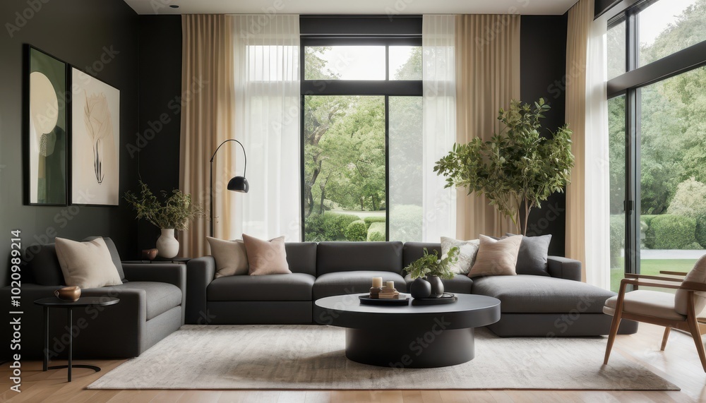 Modern Living Room Interior with Large Windows and Stylish Decor Modern Living Room Interior with Large Windows and Stylish Decor
