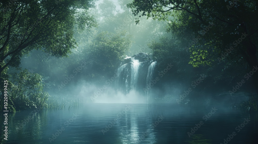 Misty waterfall flowing into a calm lake. Misty waterfall flowing into a calm lake.