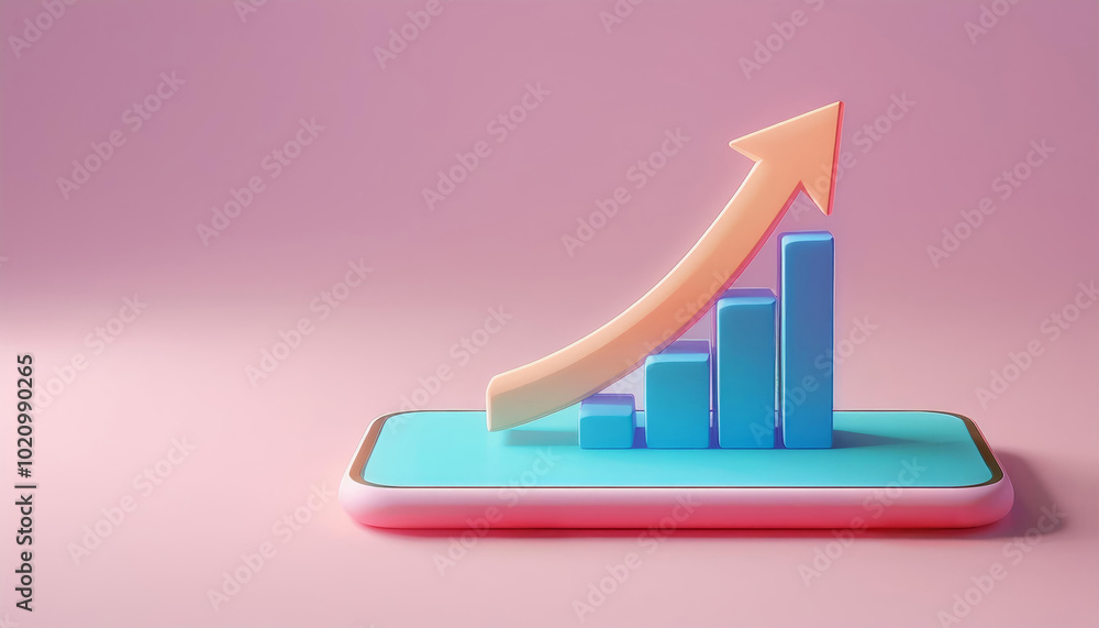 A smartphone displays colorful bar graphs with an upward arrow, symbolizing growth and progress in a modern and vibrant design.