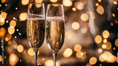 Two champagne glasses with bokeh lights for festive celebration