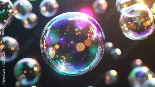 3D bubbles floating in the air, reflecting light with a colorful shine