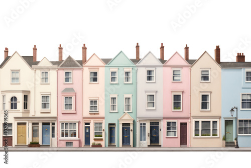 A series of pastel-colored townhouses featuring soft tones of pink, lavender, mint, and sky blue, with simple designs and clean lines, isolated against a white background