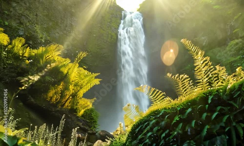 A lush  vibrant rainforest with a cascading waterfall and sunbeams filtering through the canopy.