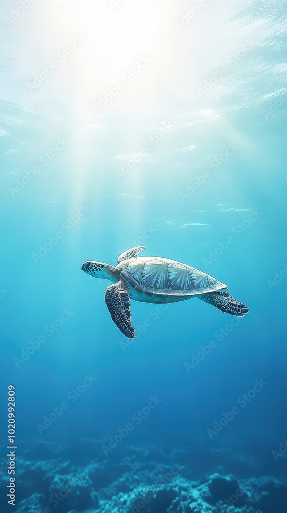 Fototapeta premium Serene Underwater Landscape with Lone Sea Turtle