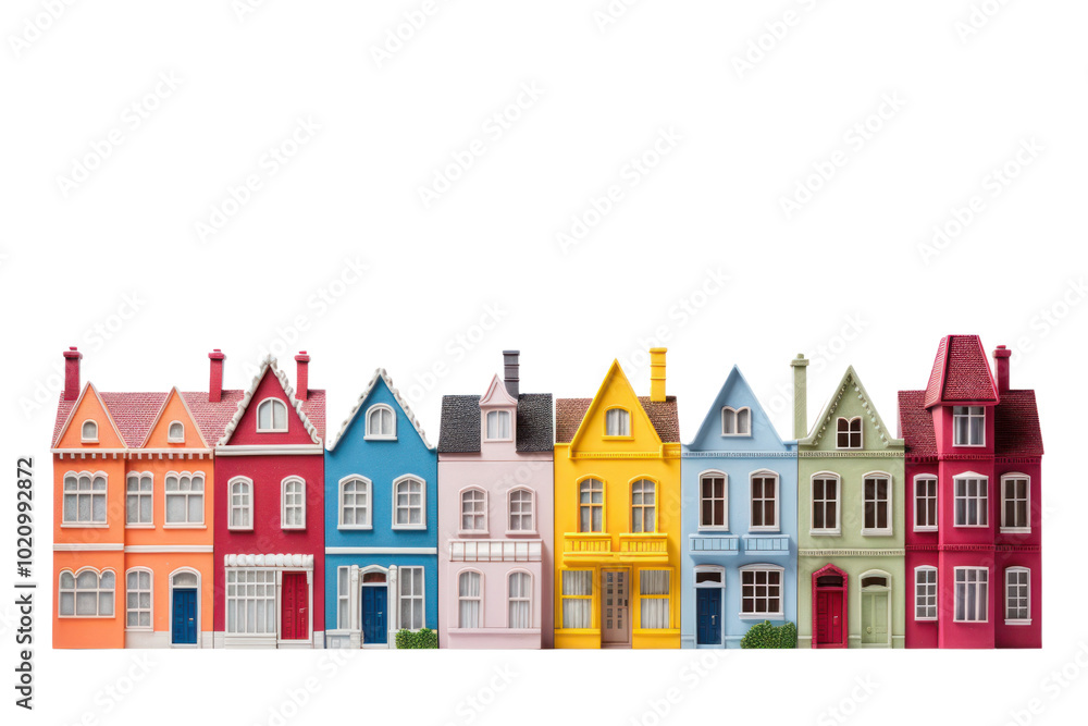 A row of vibrant, multi-colored houses with bold hues, including red, yellow, blue, green, and pink, each with unique architectural details A row of vibrant, multi-colored houses with bold hues, including red, yellow, blue, green, and pink, each with unique architectural details