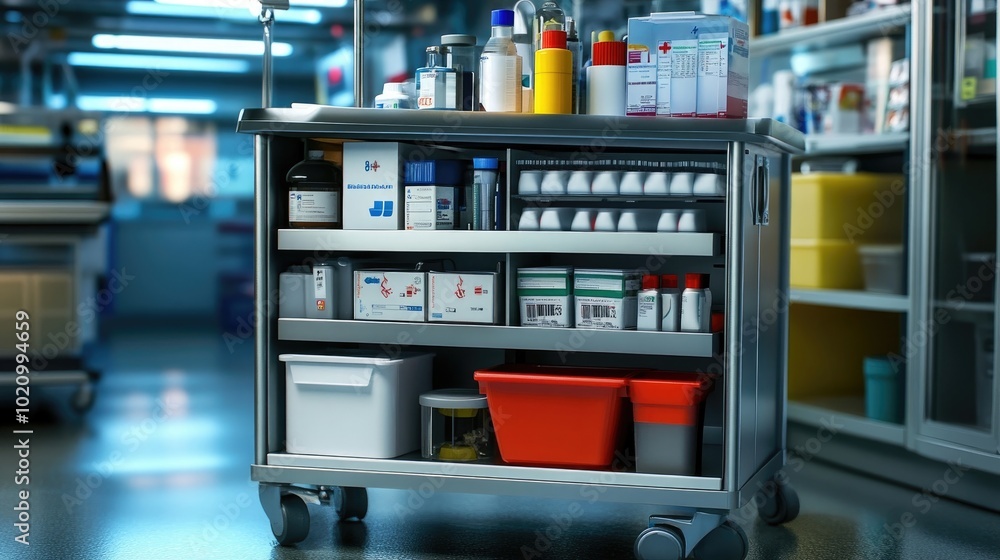 A well-stocked emergency room cart ready for patient care A well-stocked emergency room cart ready for patient care