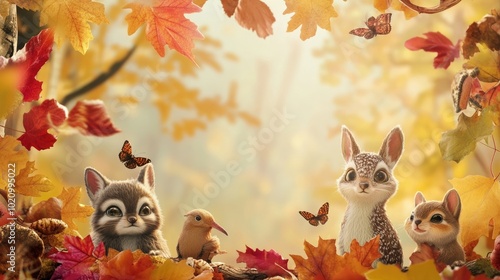 A whimsical border with cute woodland animals surrounded by colorful fall foliage photo