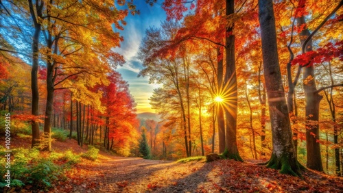 Golden Autumn Sunbeams Illuminating a Path Through a Forest of Vividly Colored Trees