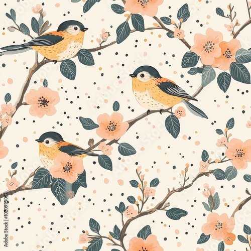 Cute, adorable, pastel pattern, seamless with peach blossoms and birds, mini dots