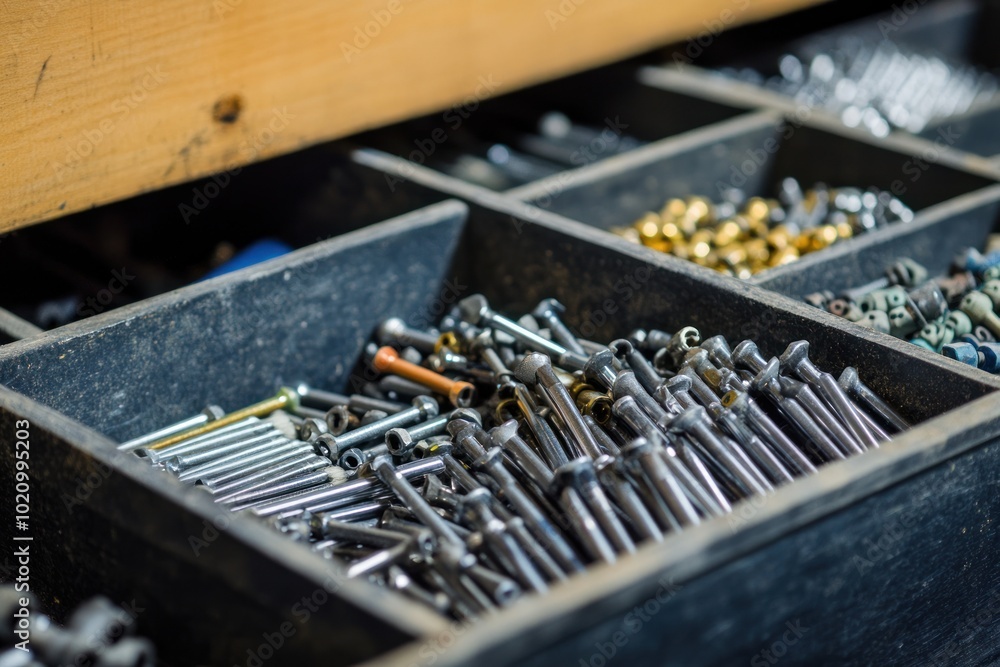 Close-up of a Drawer Filled with Various Metal Fasteners Close-up of a Drawer Filled with Various Metal Fasteners