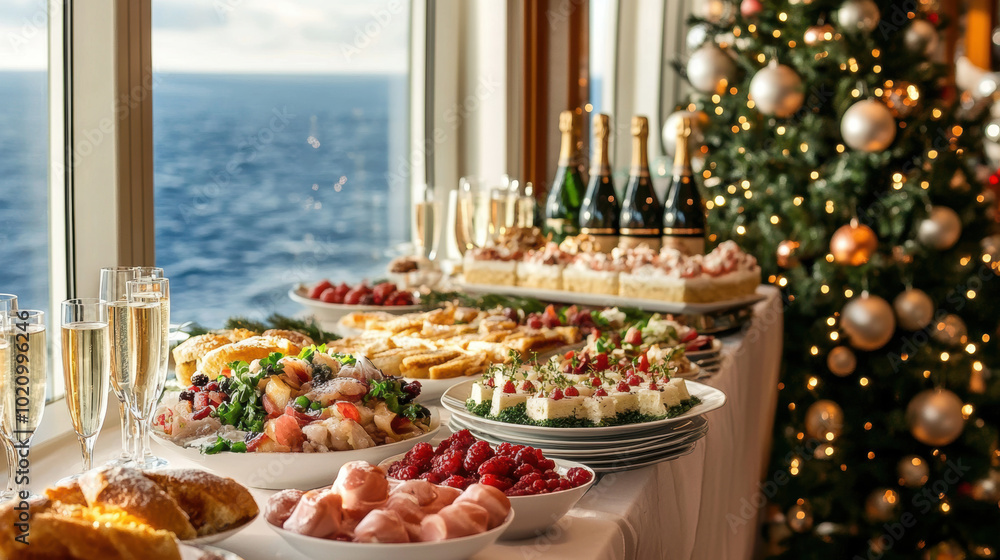 Indulgent New Year buffet on a cruise ship with gourmet dishes and sparkling wine by the sea Indulgent New Year buffet on a cruise ship with gourmet dishes and sparkling wine by the sea