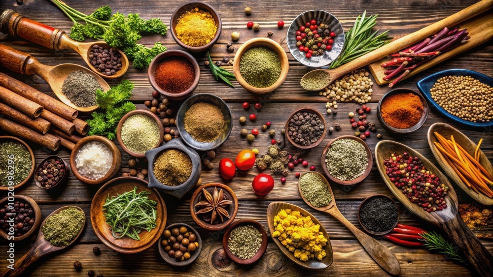 Aromatic Spices and Herbs in Rustic Bowls and Spoons on a Wooden Surface Aromatic Spices and Herbs in Rustic Bowls and Spoons on a Wooden Surface