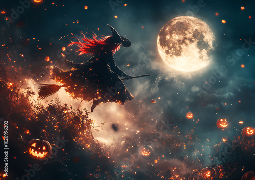 Anime witch flying on a broomstick, full moon in the background, glowing pumpkins, dark night sky, creepy fog, Halloween, Generative AI photo