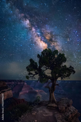 Solitary Tree Under Starry Night Sky on Cliff's Edge, Milky Way Illuminated