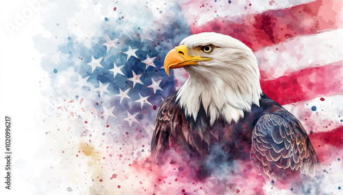 Watercolor paint of Bald Eagle with USA American flag white background, color splashes and brush strokes.
