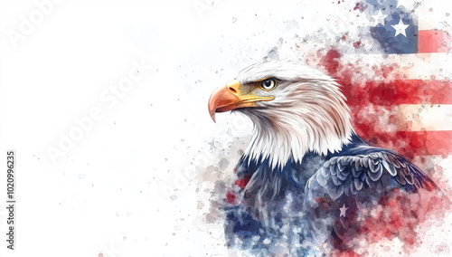 Watercolor paint of Bald Eagle with USA American flag white background, color splashes and brush strokes.
