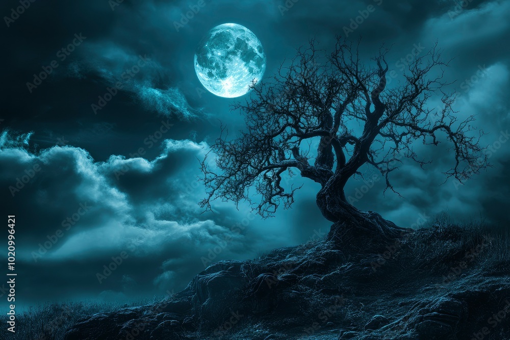 A spooky scary blue Halloween background scene with full moon, clouds, hill and scary tree with generative ai A spooky scary blue Halloween background scene with full moon, clouds, hill and scary tree with generative ai