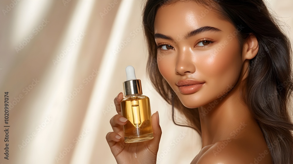 Flawless Skin and Radiant Beauty - Model Holding Facial Oil Bottle in Serene Studio Setting Flawless Skin and Radiant Beauty - Model Holding Facial Oil Bottle in Serene Studio Setting