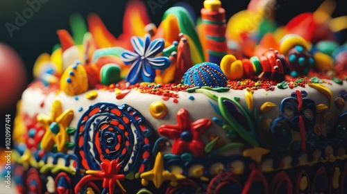 Artistic close-up of a Juneteenth cake decorated with traditional symbols and vibrant colors