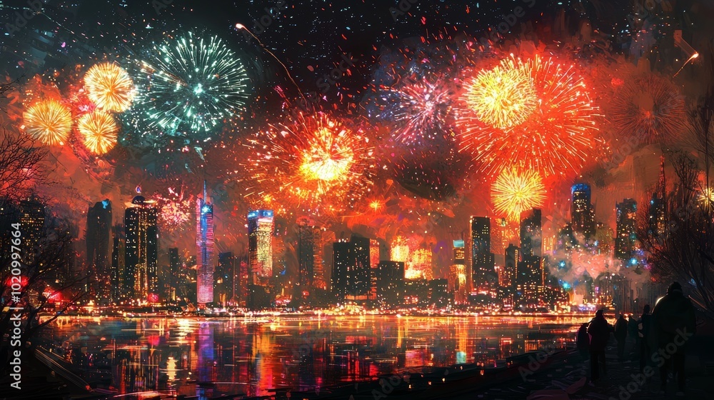 Fireworks over city skyline during New Year's Eve celebration Fireworks over city skyline during New Year's Eve celebration