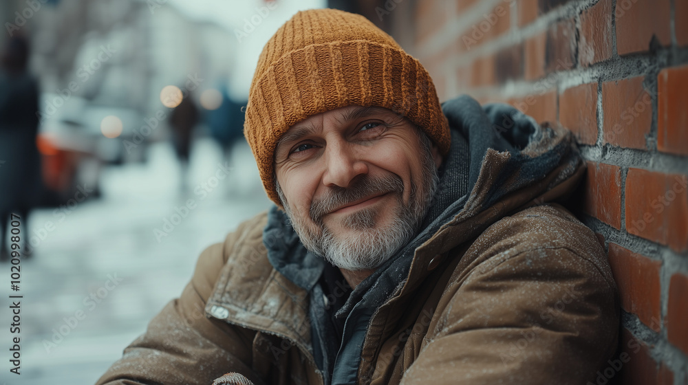 portrait of a smiling homeless man in the yellow hat portrait of a smiling homeless man in the yellow hat