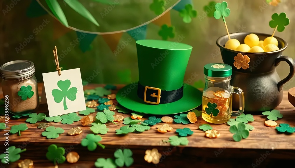 Holiday decor for St. Patrick's Day with shamrocks, green hats and golden treats Holiday decor for St. Patrick's Day with shamrocks, green hats and golden treats